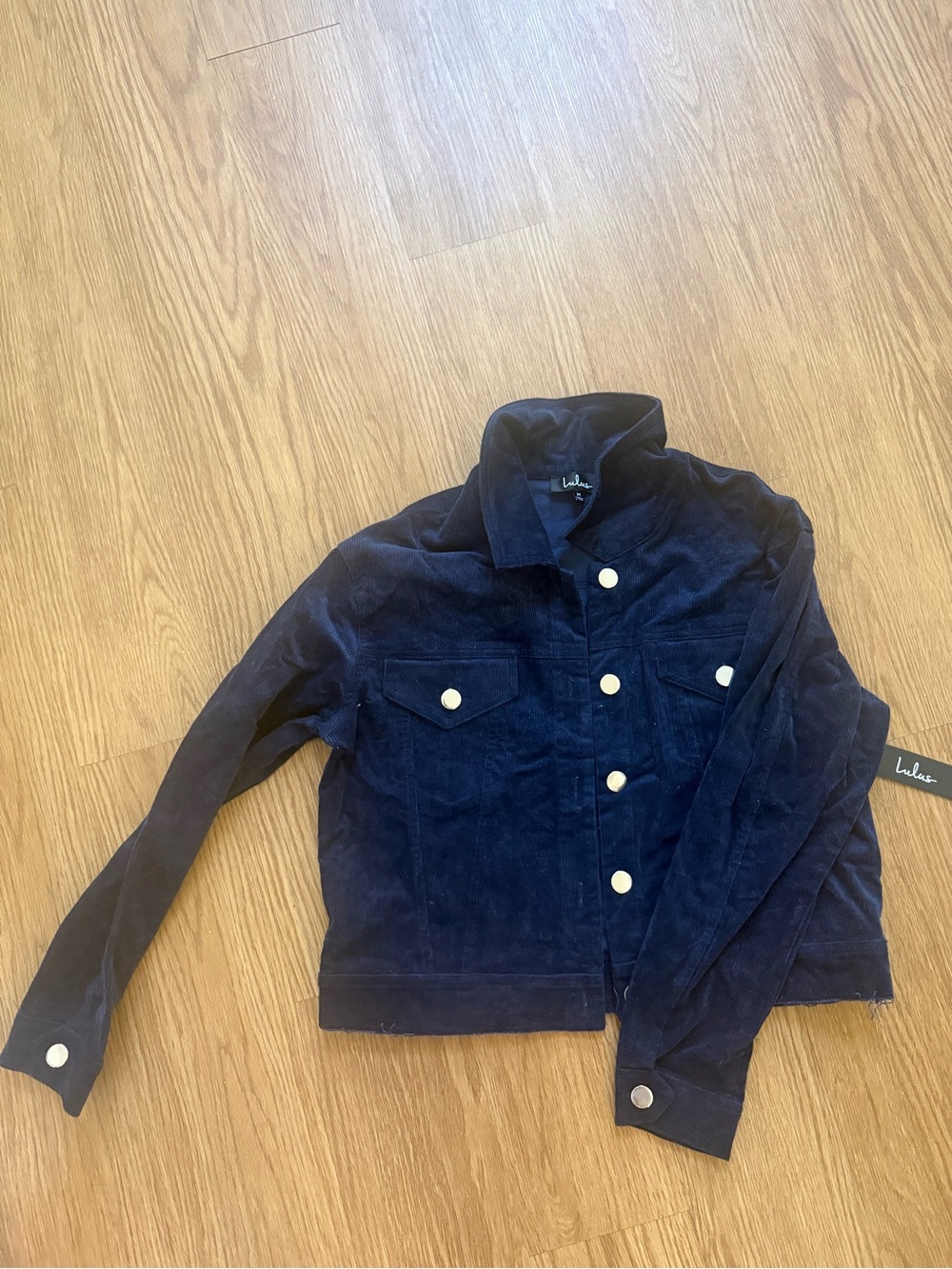 Lulu's Navy Blue Corduroy Jacket with White Buttons